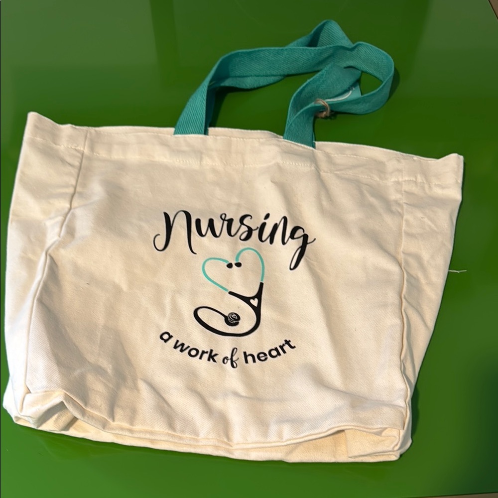 Nursing Tote Bag - Cream with Teal Handles